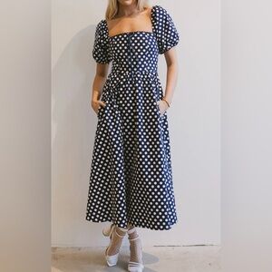 Navy Polka Dot Puff Sleeve Maxi Dress